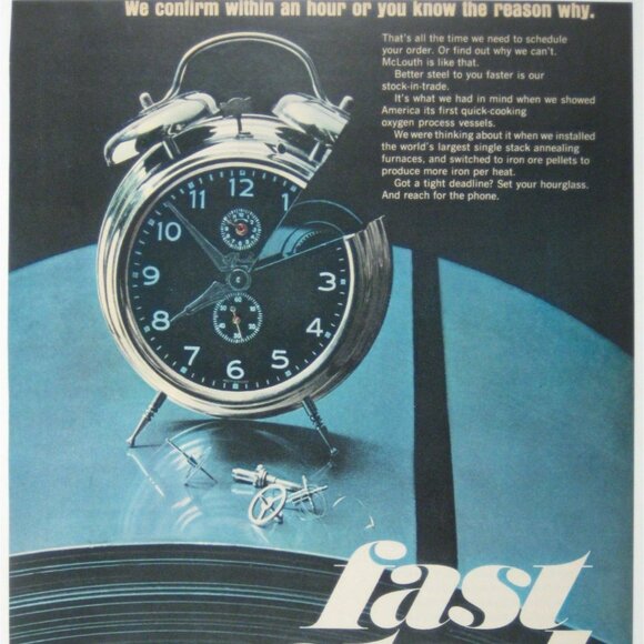 Vintage 1960s McLouth Steel Corporation Print Ad Print Fast Steel Alarm Clock - Picture 2 of 2
